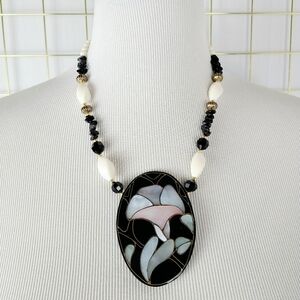 Lee Sands MOP Mother of Pearl Floral Beaded Statement Vintage Necklace